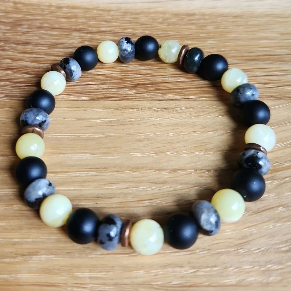 Yellow Opal, Black Onyx & Gray Larvikite Beads Stretch Bracelet, Hand Crafted - Picture 3 of 11